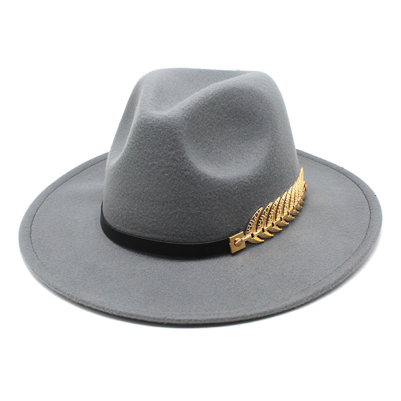 Chapeau en laine à large bord pour femme, chapeau avec chaîne de feuilles en métal, style Jazz, britannique, rétro, Fedora, à la , église, Panama, automne et hiver: Gray / M 56-58CM