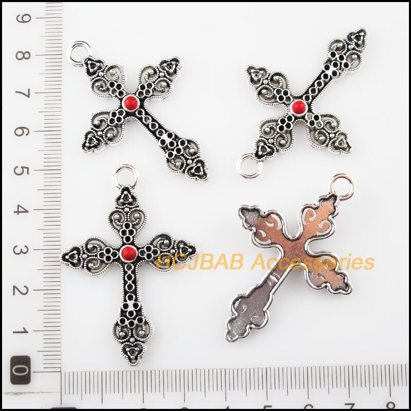 5 Hart Kruis Charms Tibetaans Zilveren Kleur Red Stone Hangers 34.5x50mm