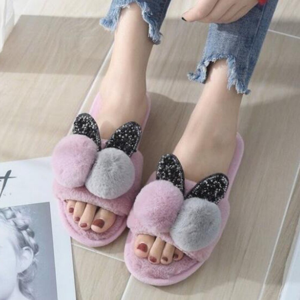 Winter Plush Ball Home Slipper Ladies Warm Short Furry Women Comfort Fur Rabbit Woman Soft Bottom Female Shoes ww20