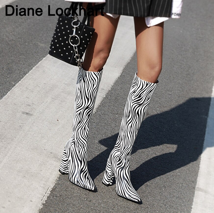 Brand Women Knee High Boots Zebra print Thigh boots High Heels Faux Leather Pointed Toe Autumn Winter Long boots Women's Shoes