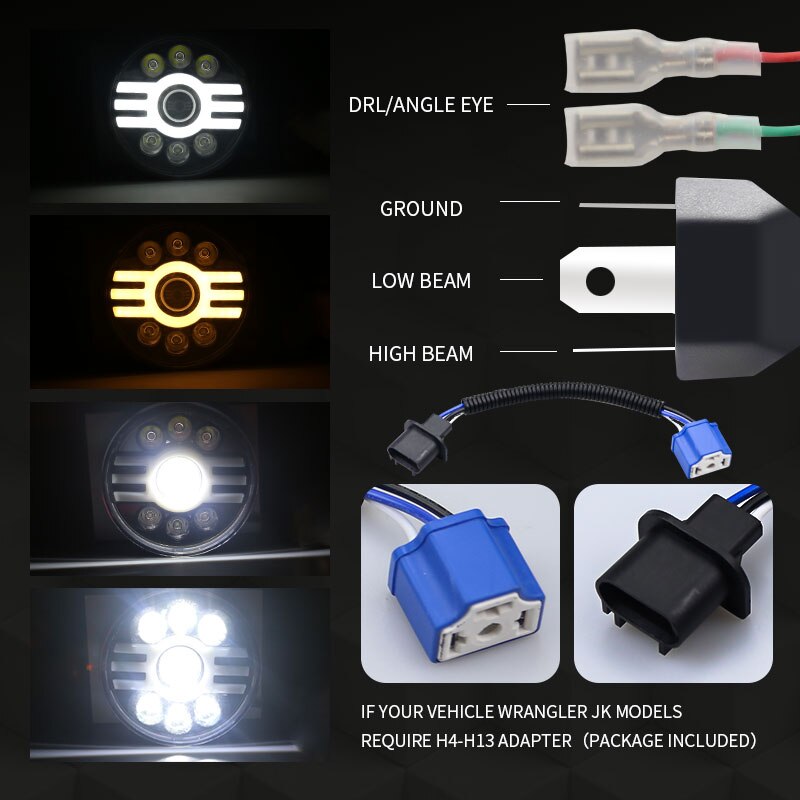 7" Inch Motorcycle Headlight Round LED Projector For Jeep For Wrangler JK Daytime Running Light Fog Light Fog Lights Led