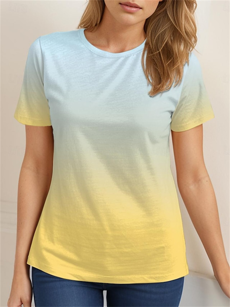 Damefarvegradient gul blå orange print t-shirt klassisk kortærmet t-shirt damer o-hals toppe t-shirts: Xl / Himmelblå