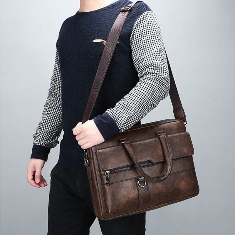 Retro Men Solid Color Bag Faux Leather Briefcase Large Capacity Tote Shoulder Bag Large Casual Business Laptop Briefcase