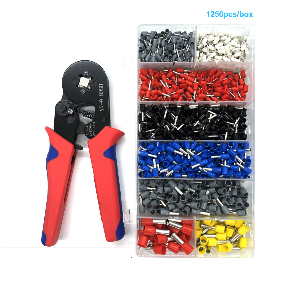 Tubular Terminal Crimping Tools Mini Electrical Pliers HSC8 10SA/6-4 0.06-10mm 23-7AWG 1250PCS Crimping Pliers Ferrule Box Kit