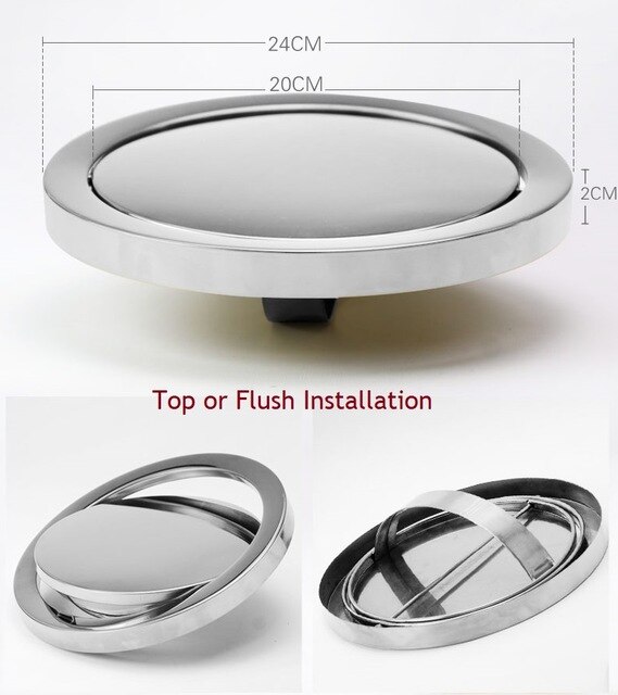 Tapa abatible empotrada de acero inoxidable con equilibrio incorporado, tapa abatible, cubo de basura, cubo de basura, tapa abatible para encimera de cocina, Cenicero: 24cm polished top