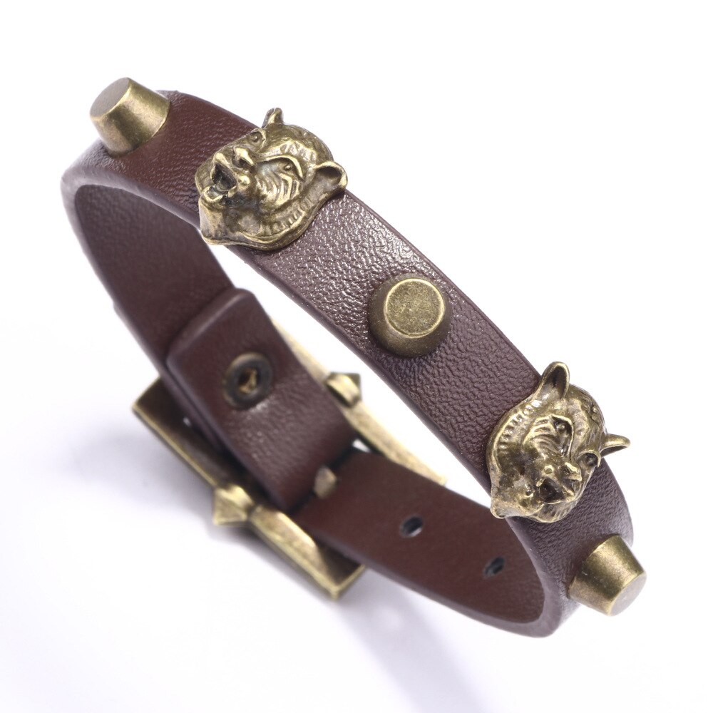 Mode Mannen Sieraden Antieke Bronzen Tijger Hoofd Punk Lederen Armbanden Verstelbare Alloy &amp; Leer Mannelijke Armbanden Accessoires