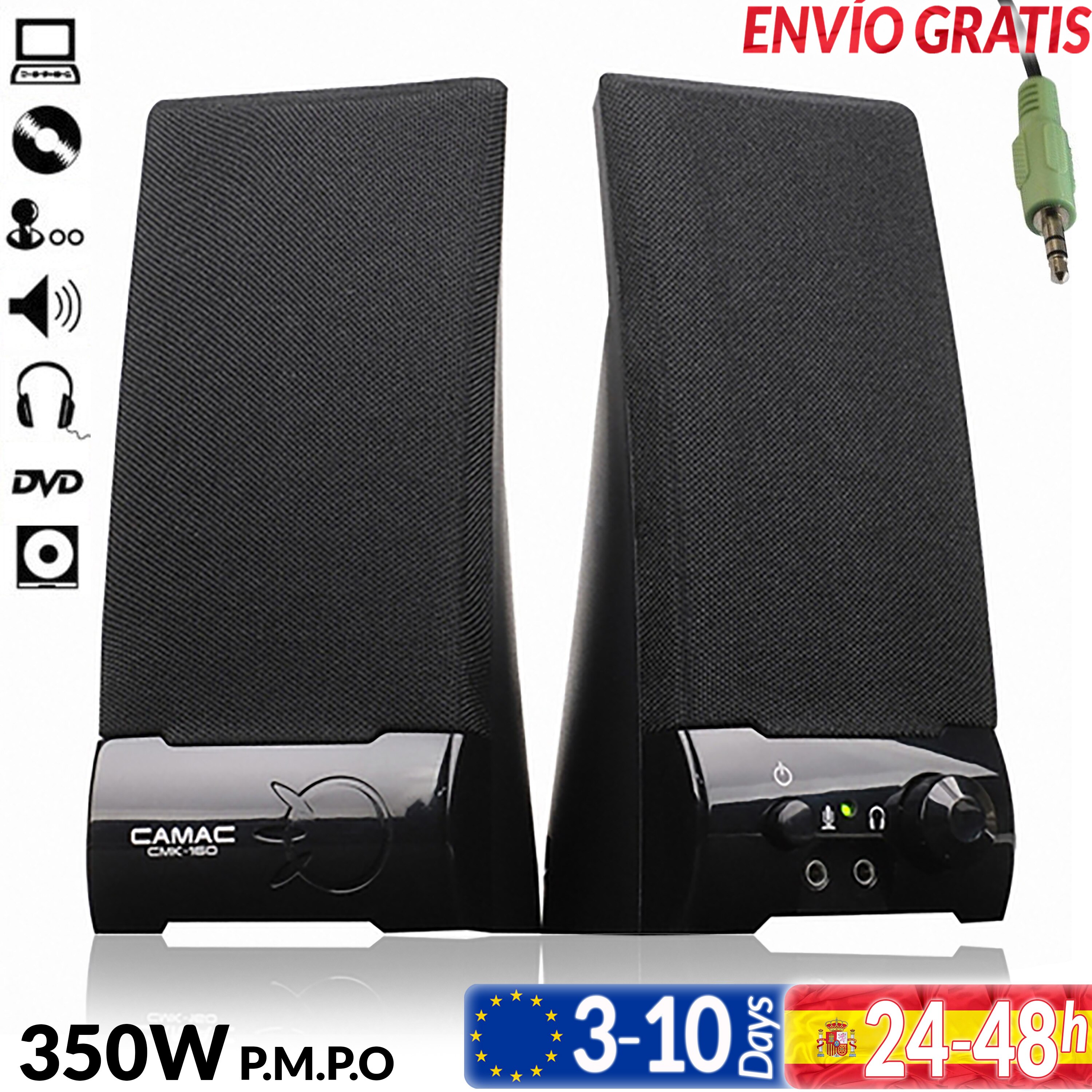 2x Multimedia Speakers for PC laptop DVD 350Watt Amplif 10W with Jack connector 3.5mm