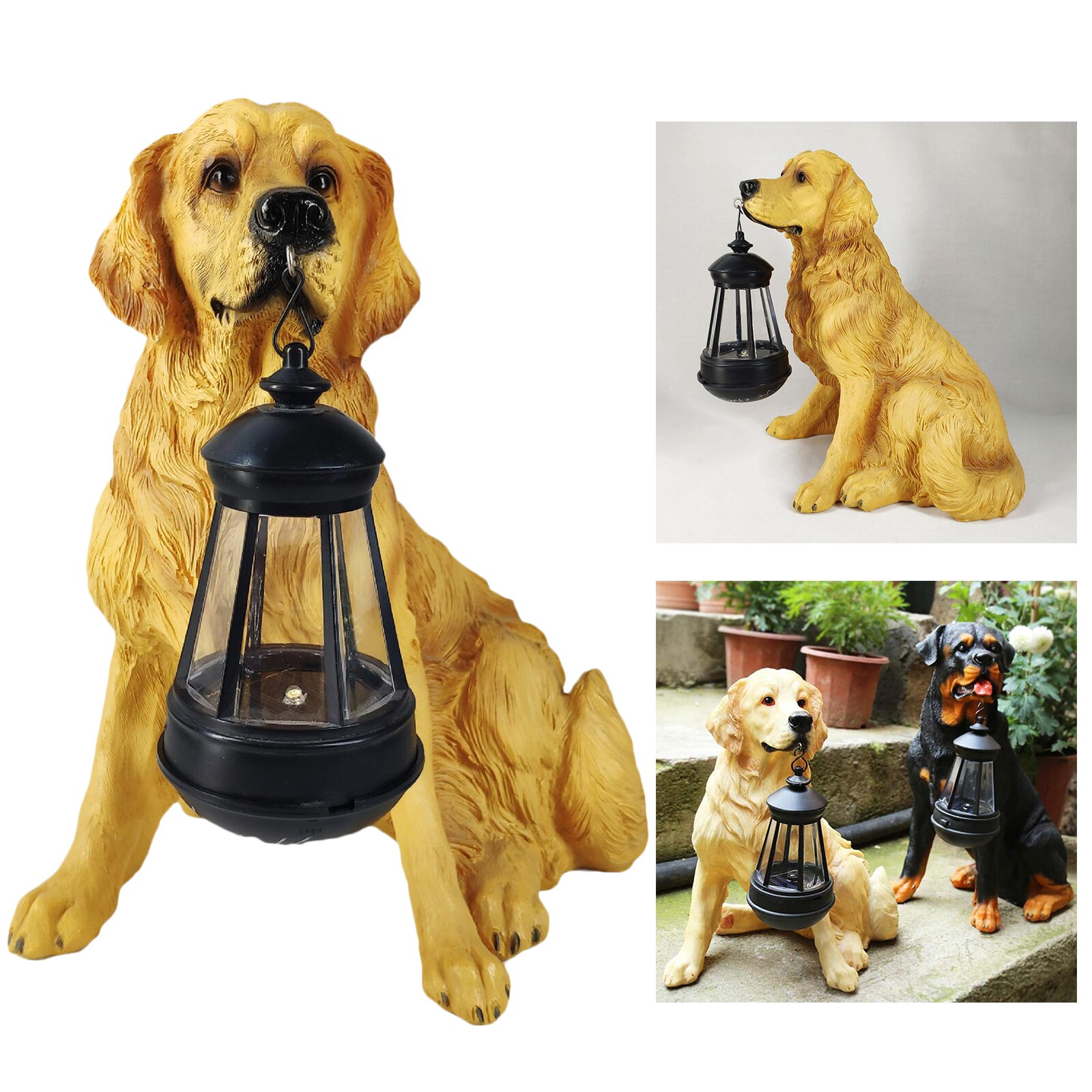 Garden Ornament Resin Dog Statue Outdoor Detachable Solar LED Light Lantern