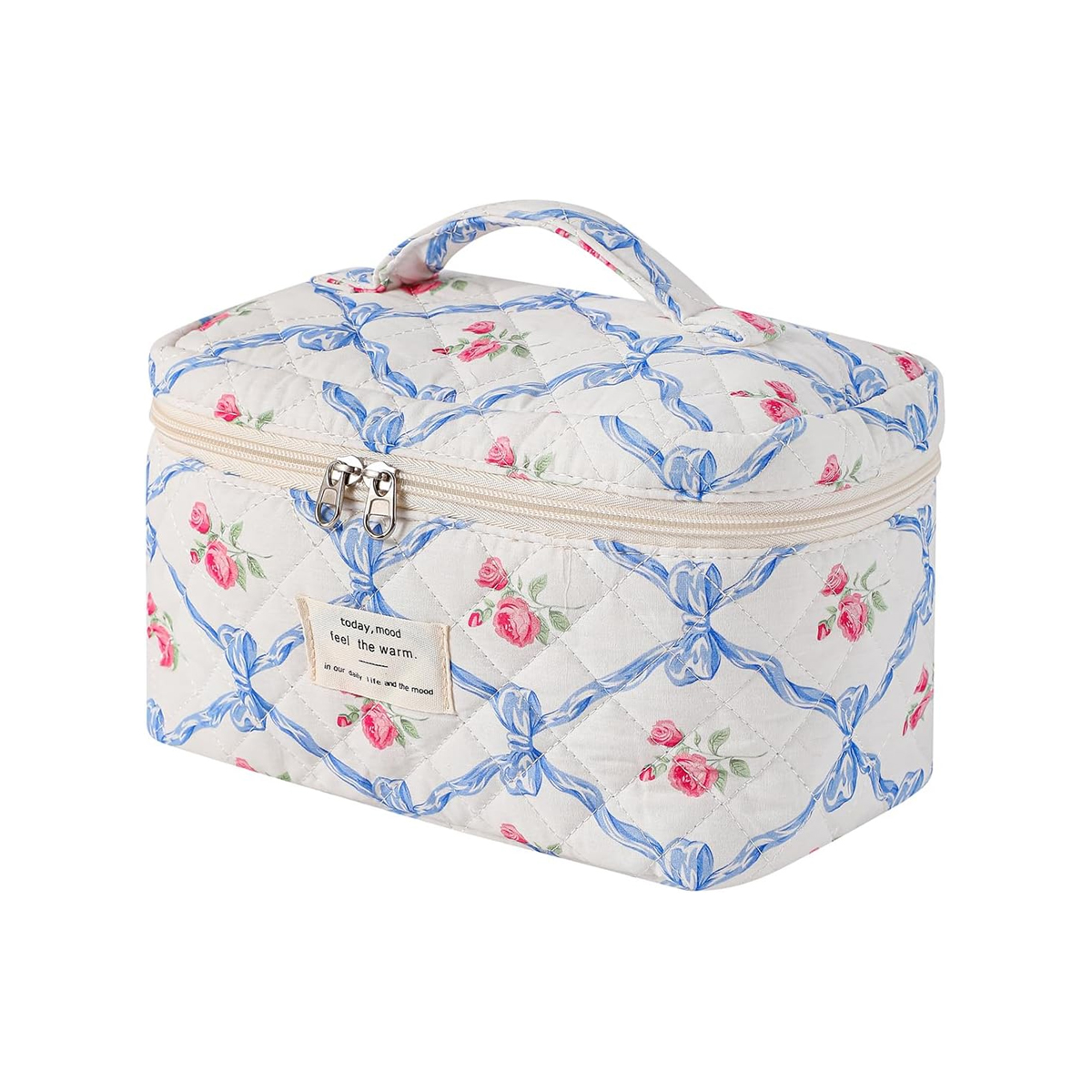 YANZAI 1 stks Vrouwen Reizen Handtas Katoen Make-up Tas Grote Capaciteit Cosmetische Pouch Bloemen Esthetische Toilettas Waszak Gewatteerde Stor: Blauw