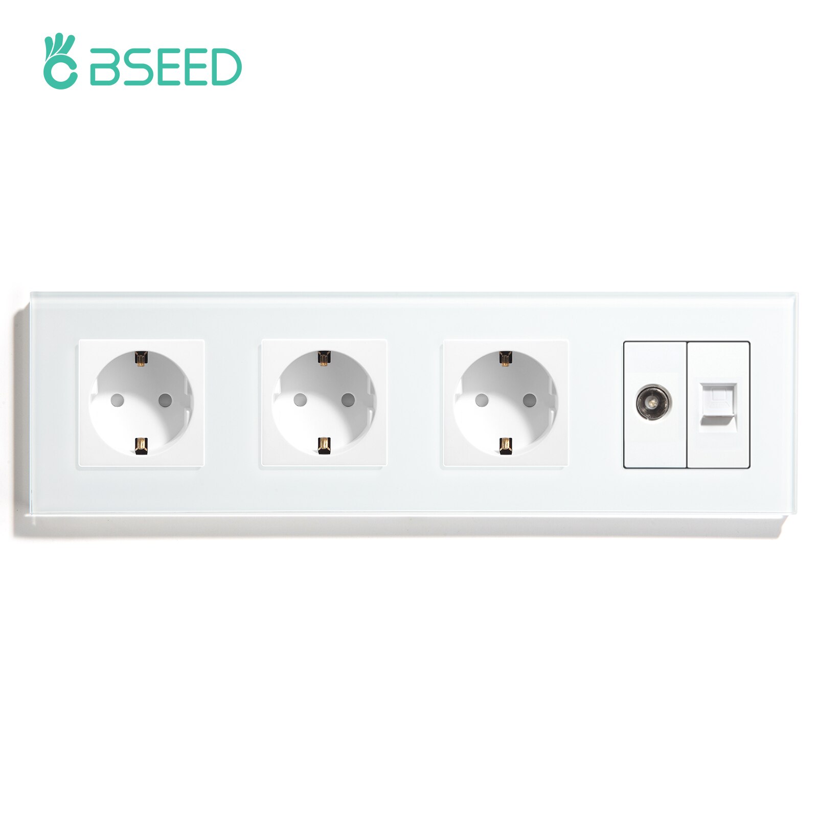 BSEED-Enchufes de pared dobles, estándar europeo, cuatro marcos, TV, PC, Internet, Panel de cristal, Blanco, Negro, oro, estándar de la UE: White