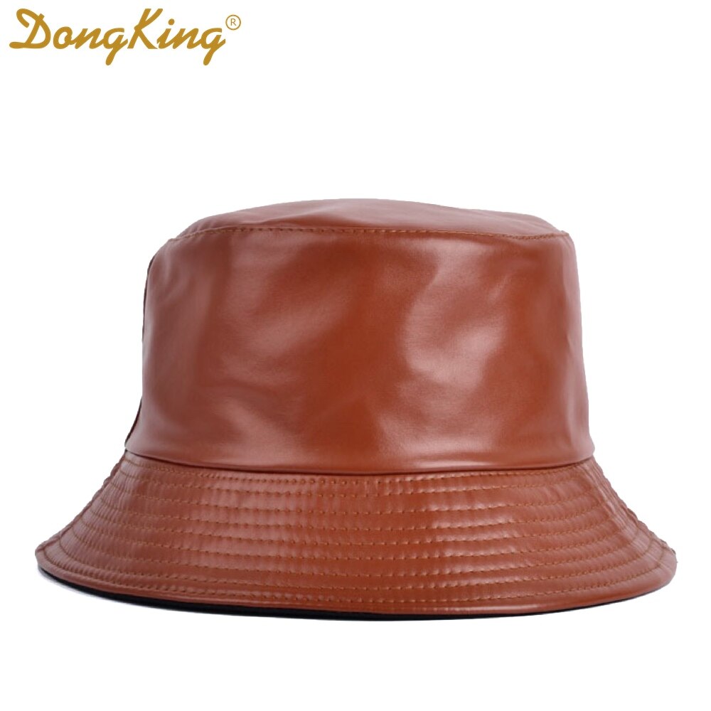 Dongking spand hatte kunstlæder spand hat hat dobbeltsidet hat pu & bomuld solid top damer spand kasket panama fisker kasket: Brun