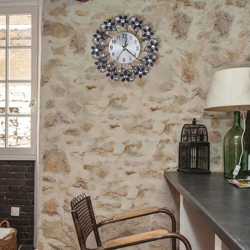 Round Rhinestone Flower Wall Clock Living Room Home Restaurant Hanging Decor