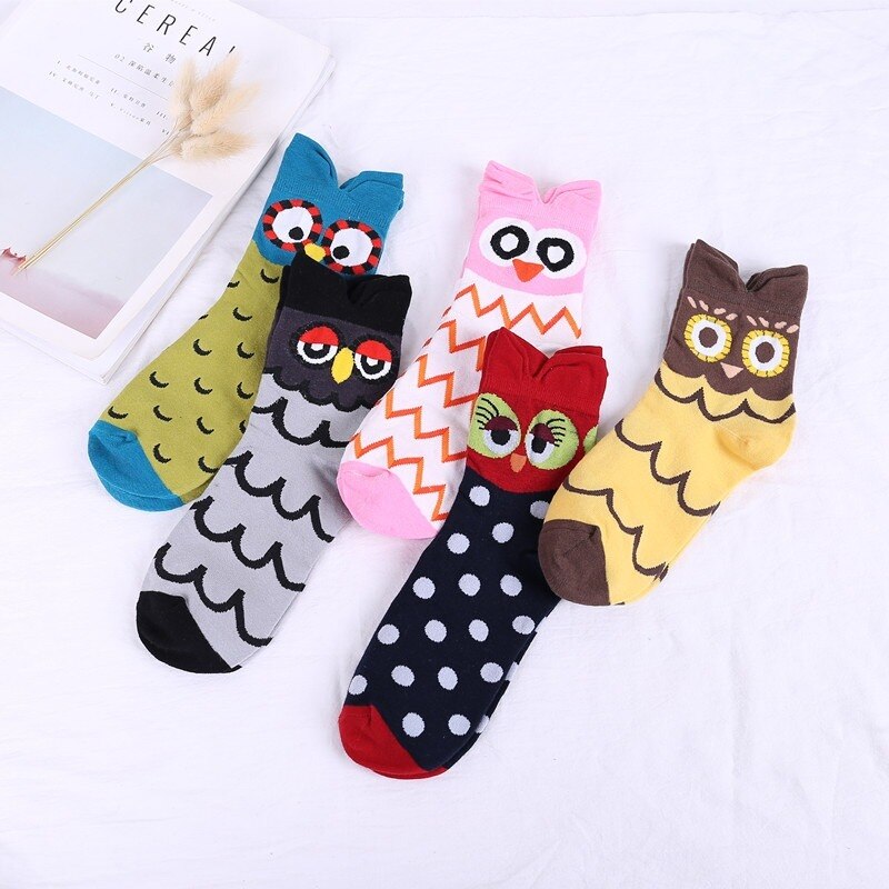 Harajuku Kawaii Socks Women Cotton Cartoon Cute Animal Owl Dot Print Happy Funny Socks Casual Middle Tube Autumn Winter Hip Hop
