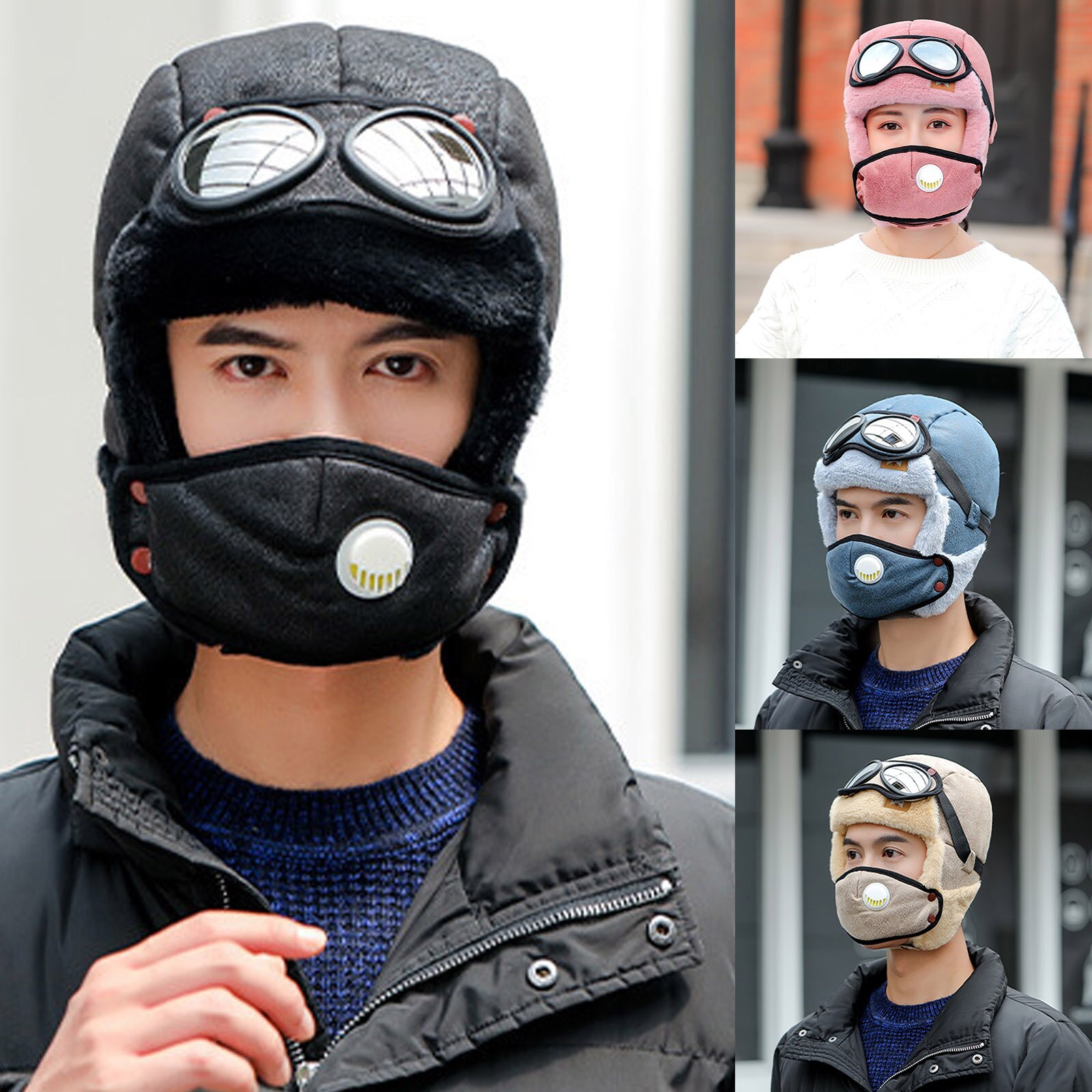 Cycling Windproof Outdoor Hat with Ear Flap and Breathing Valves Face Cover Goggles Warm Plush Full Head Hat PR