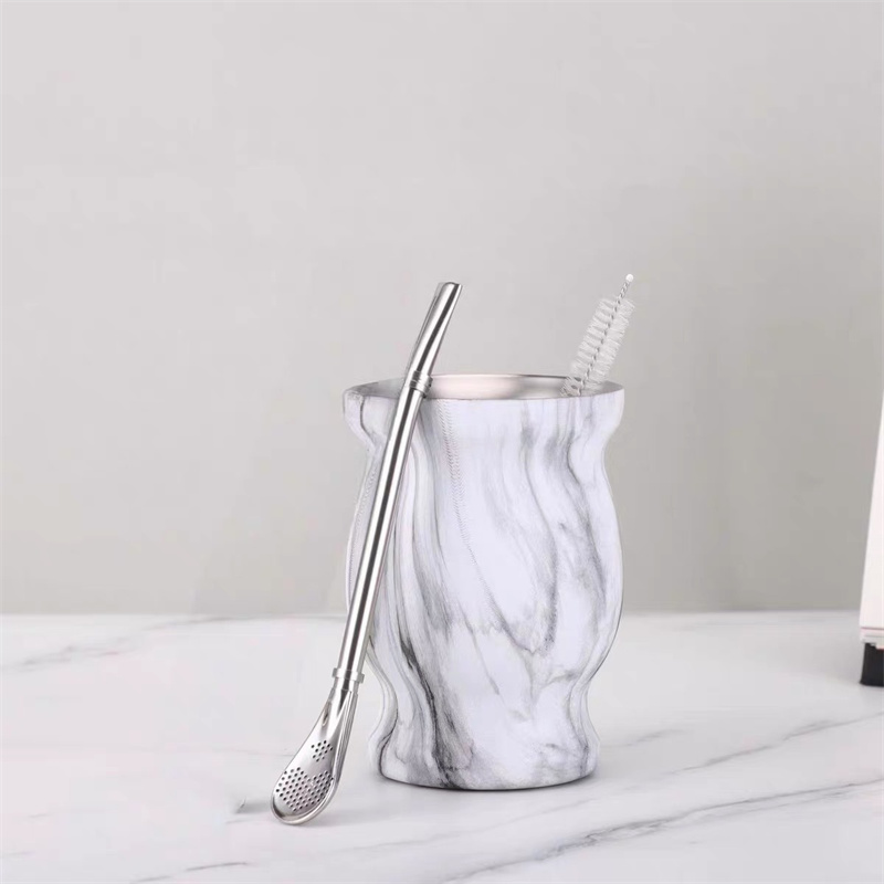 1 Set Yerba Mate Cup 304 Roestvrij Staal Dubbelwandige 8 Oz Yerba Mate Kalebas Cup Met Stro Lepel En Reinigingsborstel theewaar Sets: Ivoor