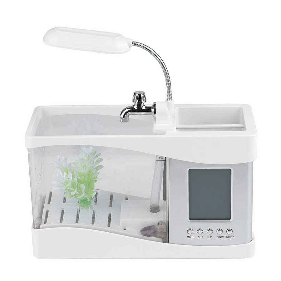 Mini Aquarium Fish Tank Desktop with LED Light LCD Display Screen and Clock Aquarium Decoration