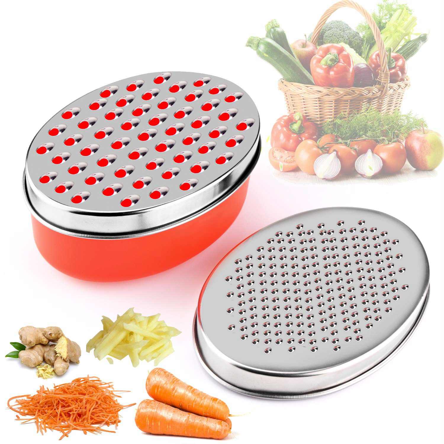 Rallador de queso de oro rosa, rebanador multifuncional, contenedor ovalado de verduras, herramientas de frutas rápidas de fácil limpieza con 2 cuchillas ralladoras: RED SLIVER