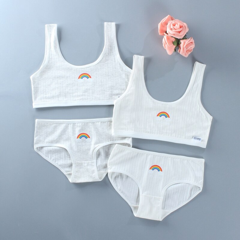 Conjunto de ropa interior de 2 piezas para adolescentes, sujetador de entrenamiento de algodón con estampado de puente de arcoíris, Top y bragas, Bralette deportivo