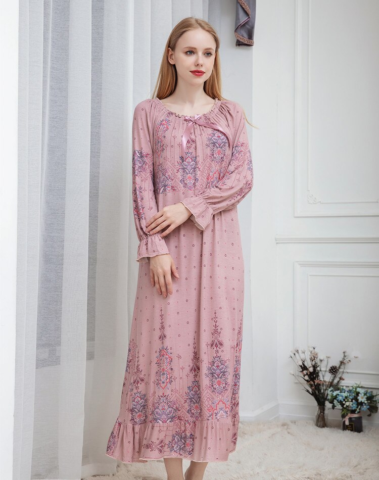 Forår og efterår damer langærmet dame nattøj bomuld modal lang løs koreansk palads prinsesse natkjole lang natkjole