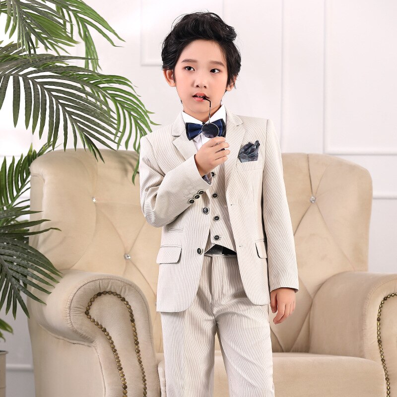 Lente Herfst Formele Kind Rokkostuum Set Bloem Jongens Wedding Party Peformance Host Kostuum Kids Blazer Vest Broek 3Pcs kleding: 145cm