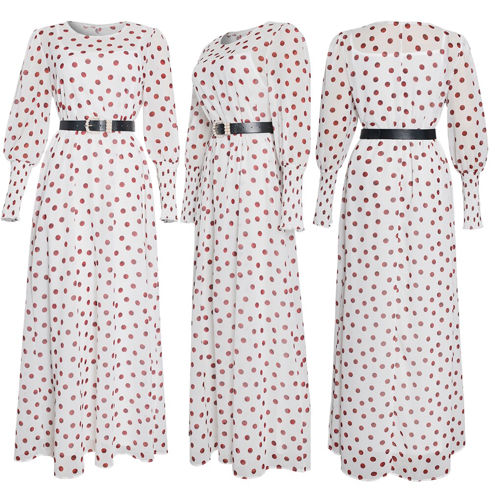 Md afrikansk print polkaprikkede maxi kjoler kvinder langærmet chiffon kjole underkjole 2 stykker sæt muslimske aftenkjoler