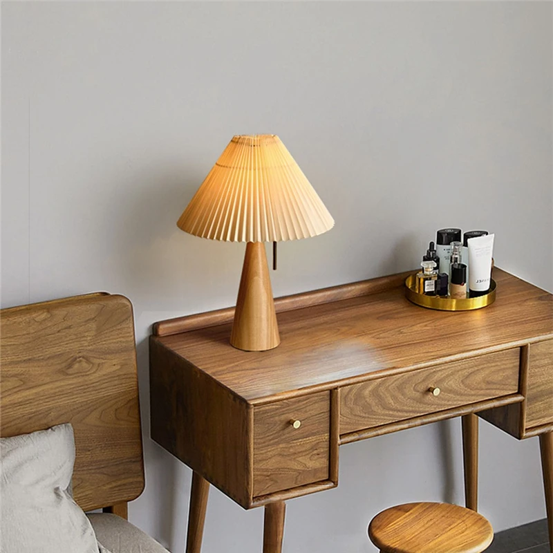 Nordiske retro plisserte bordlamper ledet heltre skrivebordslamper arbeidsrom lesebordlampe til soverom hjemmedekorasjon belysning  e27