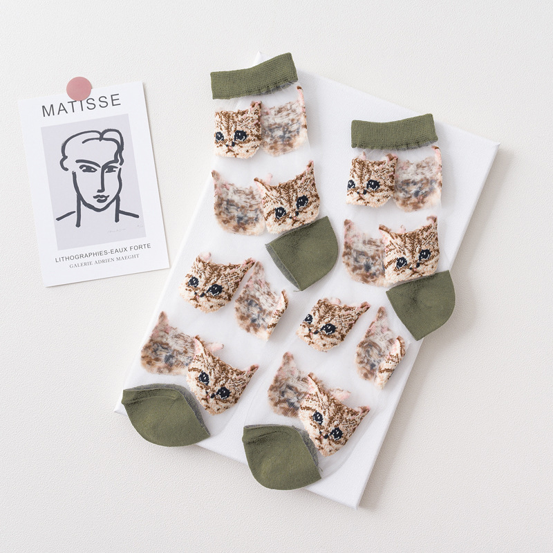 Femmes Transparent mignon chat chaussettes Kawaii dames japonaise coréenne à la été mince cristal soie chaussette en Fiber de verre bas: Marron