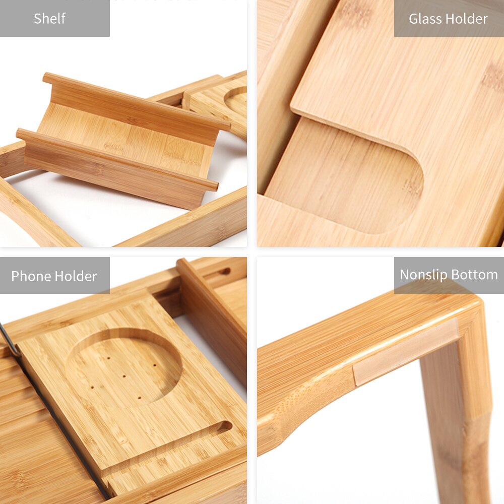 Extendable Bamboo Bathtub Tray Caddy Bath Tray Wooden Bath Racks Bathroom Foldable Bath Tub Tray/ Bridge/ Shelf Organizer