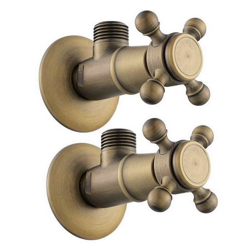 2Pcs Antique Brass Vintage Retro Cross Handles Bathroom Angle Stop Valve 1/2" Male x 1/2" Male Thread aav007
