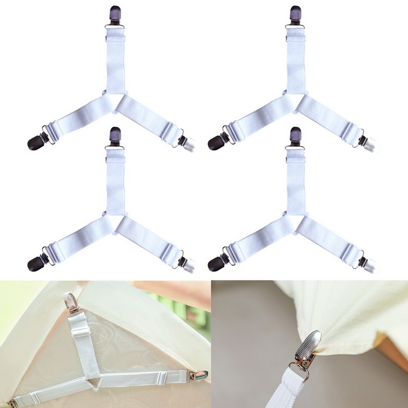 4pcs/set Elastic Bed Sheet Clips Suspenders Straps Adjustable Heavy Duty Grippers For HomeA: white