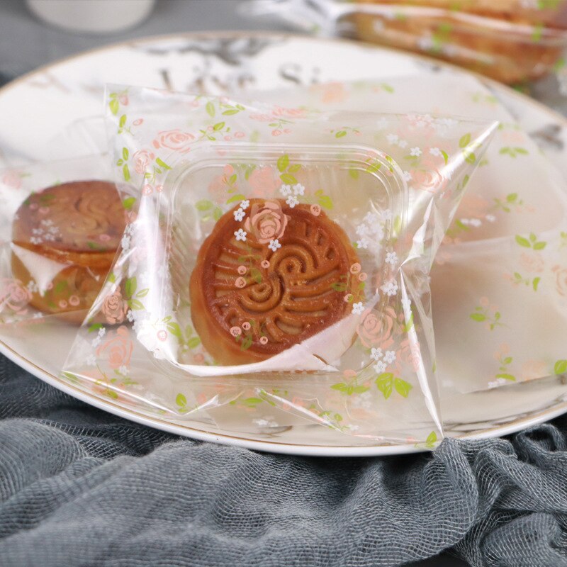 100 Stks/partij 4 Maten Bloem Plastic Zelfklevende Cookie Verpakking Bag Wedding Candy Decoratie Tas Rose Mooncake Zakken