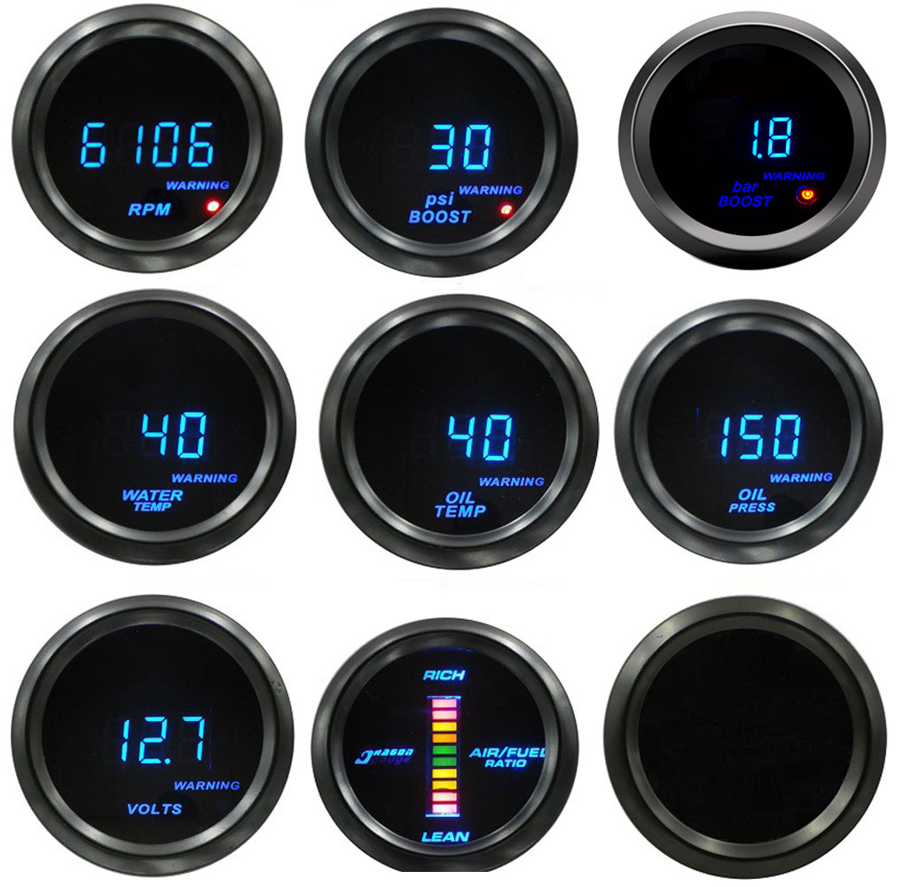 Auto Digital Manometer 52mm Turbo Schub PSI Bar Öl Druck Öl Wasser Temp Messgerät Voltmeter Tachometer RPM Meter Mit warnung Licht