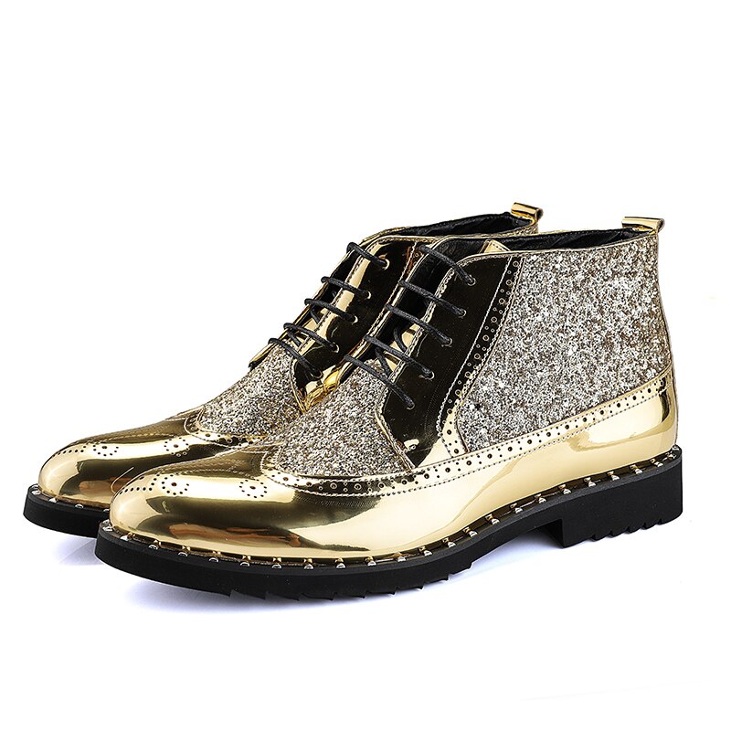 Men Dress Shoes High Top Black Gold Spring Summer Male Patent Leather Casual Shoes Elastic Band Man Pointed Toe Footwear
