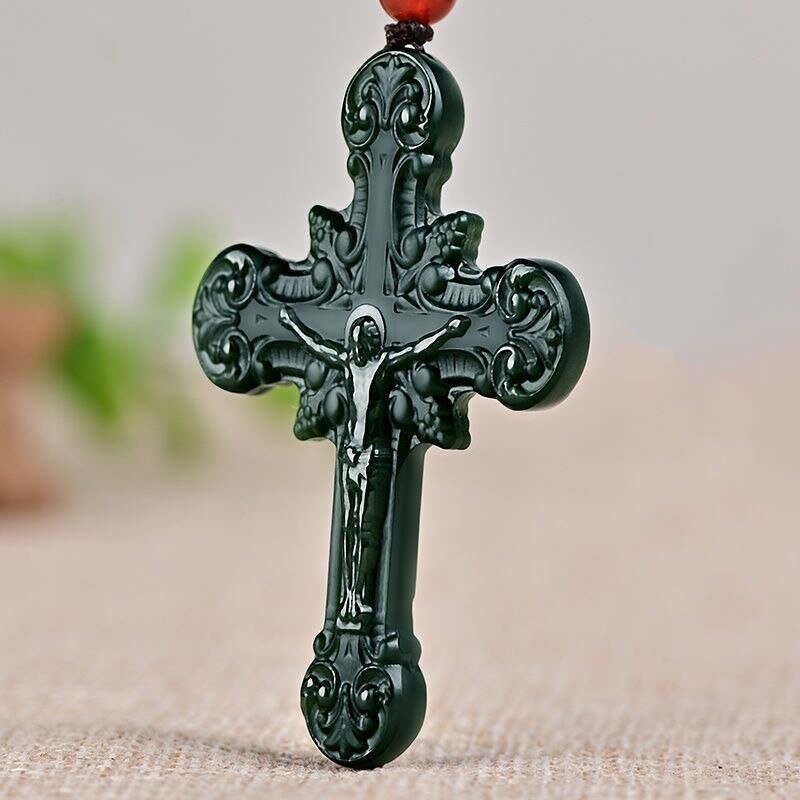 Natural Hetian Jade Jesus Cross Pendant Necklace Jadeite Jewelry Men Buddhist Lucky Carved Charm Women Amulet