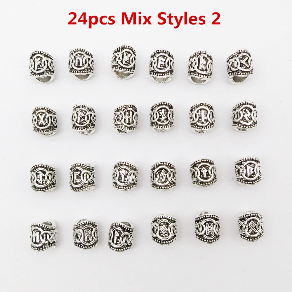 24 stk blanding sølv hår flette skjegg dreadlock perler ringer tube viking runemønster for hårstyling tilbehør: 24 stk miks stiler 2