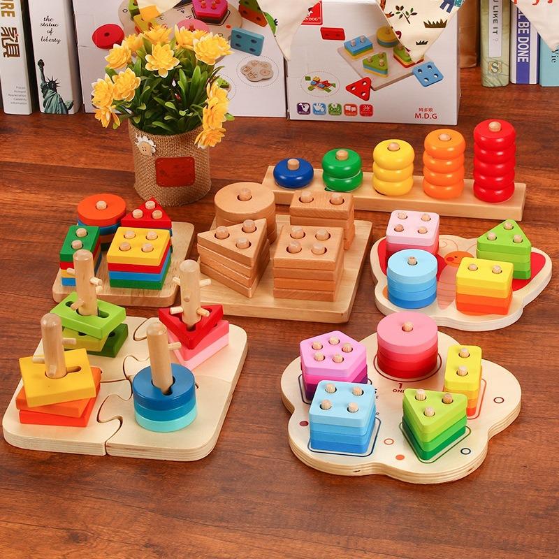 Montessori geometry set tower educazione precoce supporti didattici set di colori di blocchi di colonne giocattoli di illuminazione geometrica in legno