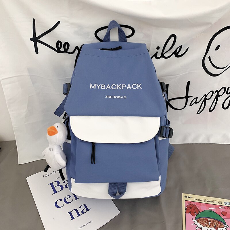 Large Capacity Waterproof Nylon Backpacks Unisex Multi-pocket Travel Bag College Schoolbags for Men and Women Kawaii Backpack: Blue / with Pendant