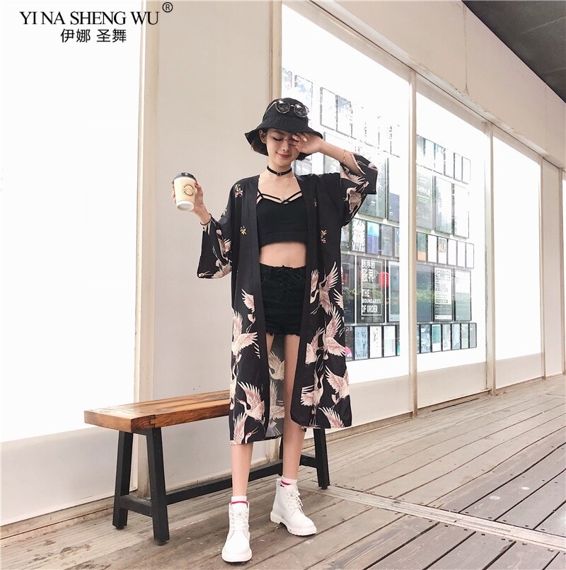 Kimono japonés de tipo Yukata Kimono Cardigan blusa de mujeres de manga larga Cardigan Haori Kimonos tradicionales cinturón de vestido largo