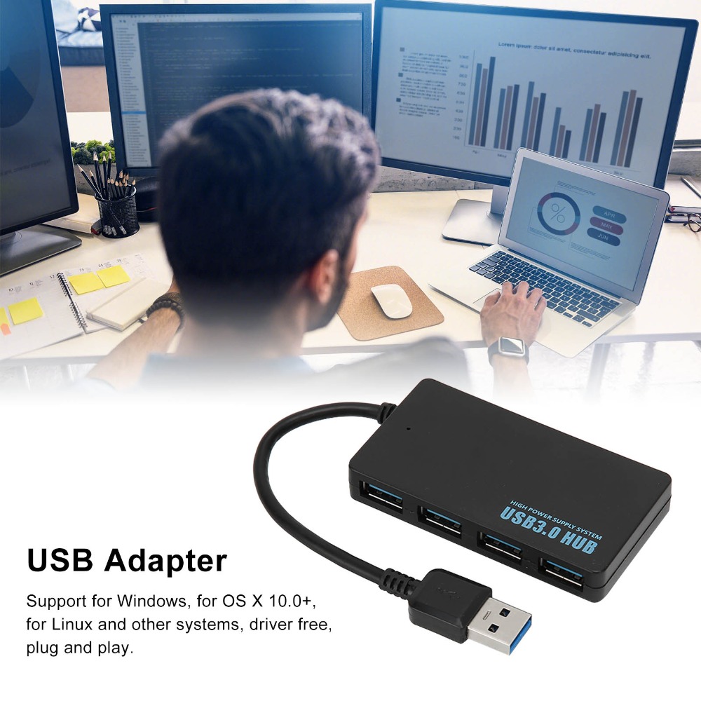 Hub USB3.0 Portátil com 4 Portas, Plug and Play, Alta Velocidade, Preto, Estação de Docagem USB3.0 5Gbps para Escritório