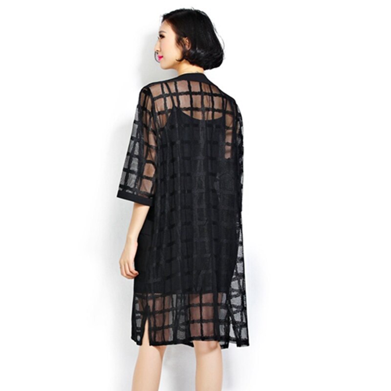 Plus Size Chiffon Coat Summer Style Women Clothing Black Plaid Perspecti Loose Half Sleeve Lady Long Mesh Cardigan