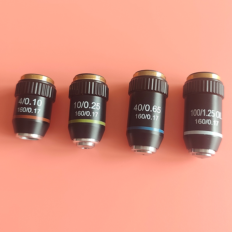 195 Objetivo acromático negro 4X 10X 20X 40X 60X 100X para lente objetivo de microscopio biológico RMS 20,2mm piezas de objetivo: Marrón