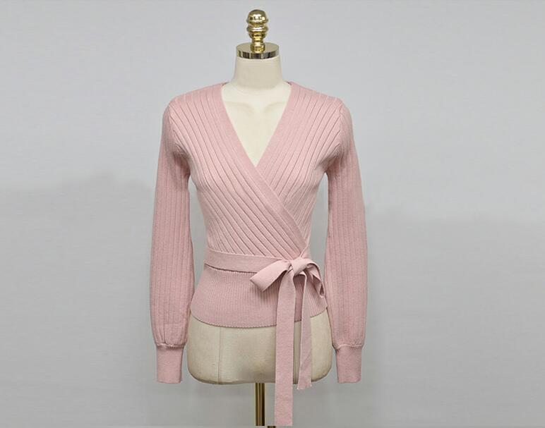 Lyserød v-hals lanterne ærme snørebånd wrap sweater kvinder forår efterår sort ol cardigan strikket jumper damer toppe: Lyserød / L