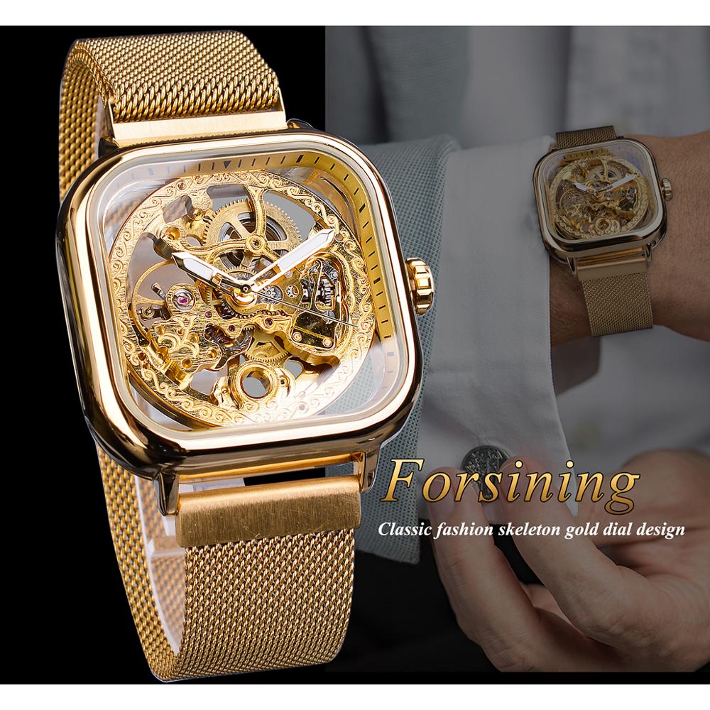 Forsining Mannen Mechanische Horloges Automatische Self-Wind Golden Transparante Mode Mesh Steel Horloge Skeleton Man Mannelijke Uur