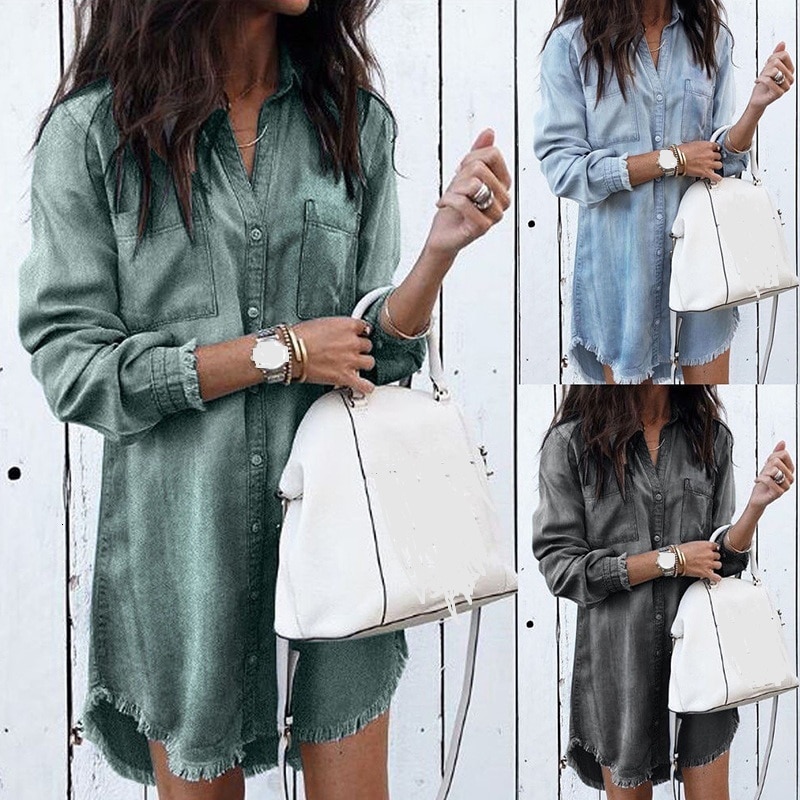 Vestido de manga larga para mujeres embarazadas, ropa de Camisa vaquera holgada, informal, a la , con solapa, para verano,