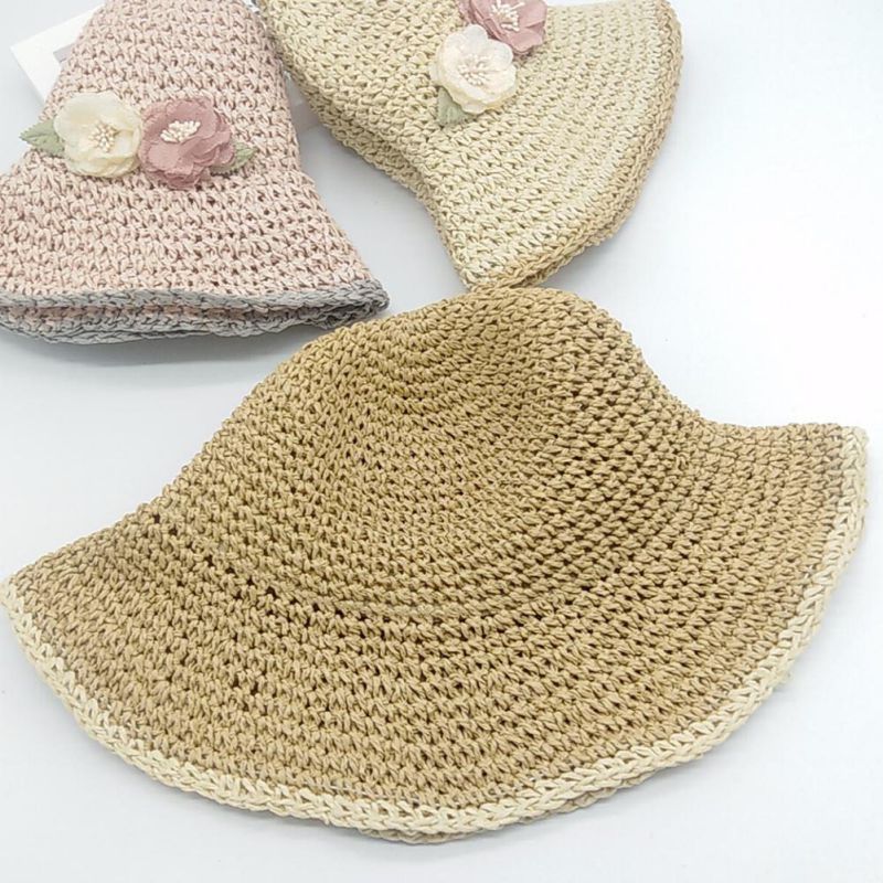 Zomer Leuke Kind Meisjes Strooien Hoed Zon Flora Hoed Kids Grote Rand Strand Schipper Strand Lint Ronde Platte Top
