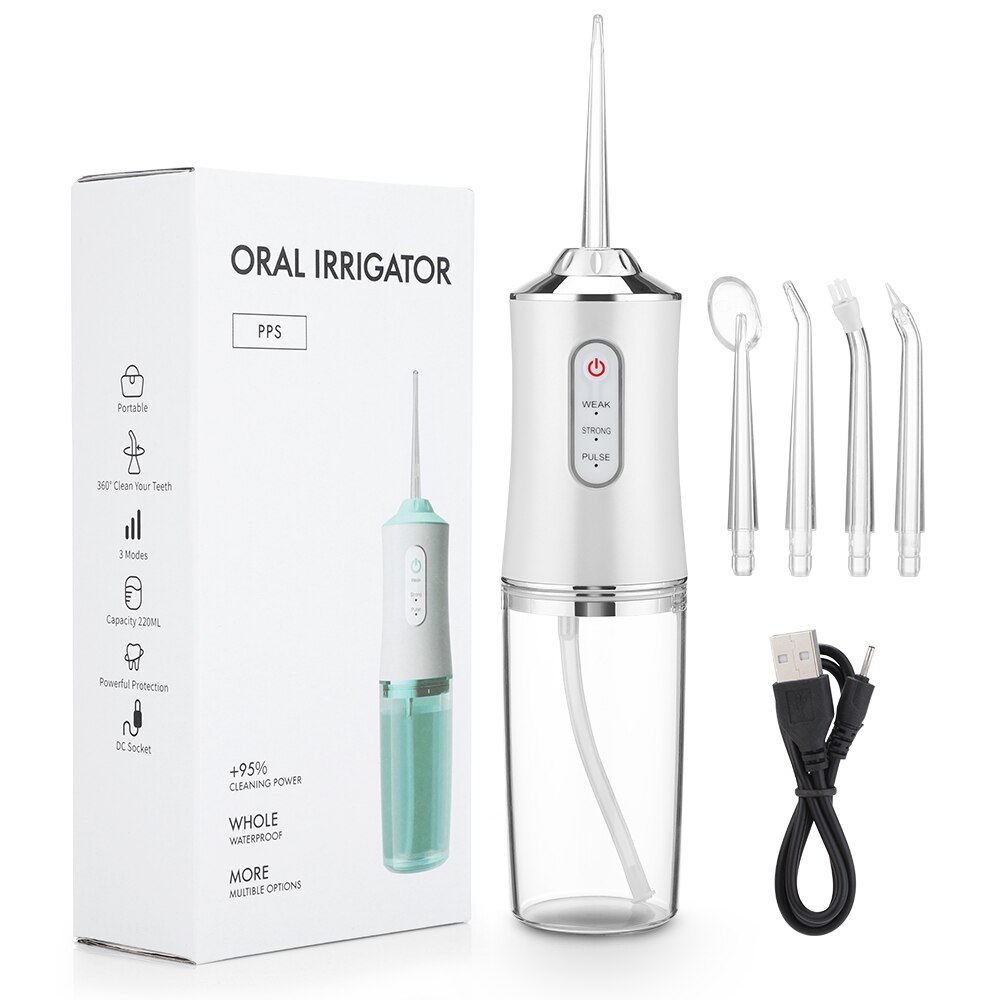 irrigador dental potente Irrigador bucal portátil potente, limpiador Dental con chorro de agua, limpiador bucal, para blanqueamiento Dental, salud blanqueador hilo limpieza dental limpiador de dientes irigador bucal: White Oral Irrigator