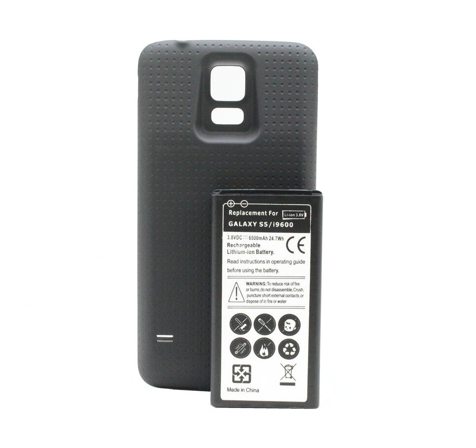 1 batería extendida S5 de 6500mAh + funda trasera para Samsung Galaxy S5 SV I9600 I9602 SM-G900T G900F G900V G900P G900A S5 Neo G903: Black
