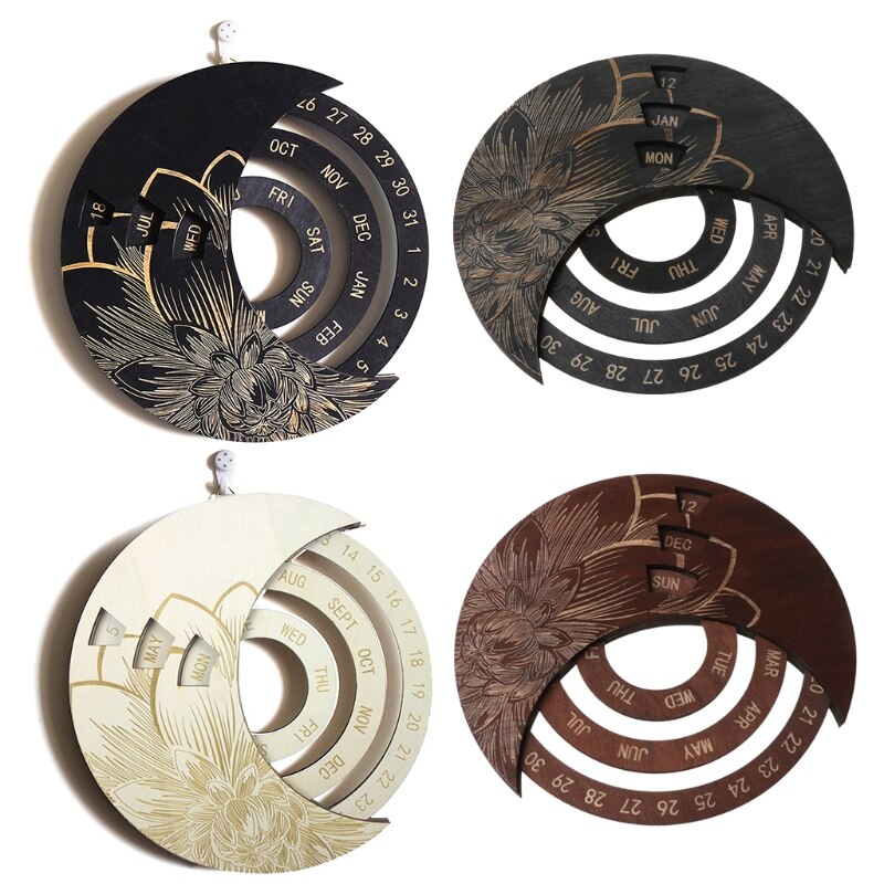 Wooden Moon Perpetual Calendar DIY Adjustable Family Birthday Reminder Sign Board Wall Hanging Crafts for Home Office School