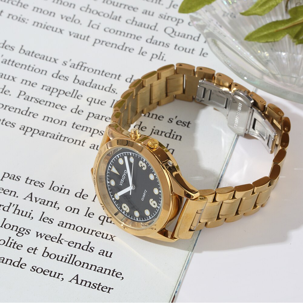 Montre parlante anglaise avec fonction d'alarme, Date et heure parlantes, cadran noir, fermoir pliant, étiquette de boîtier en or-701
