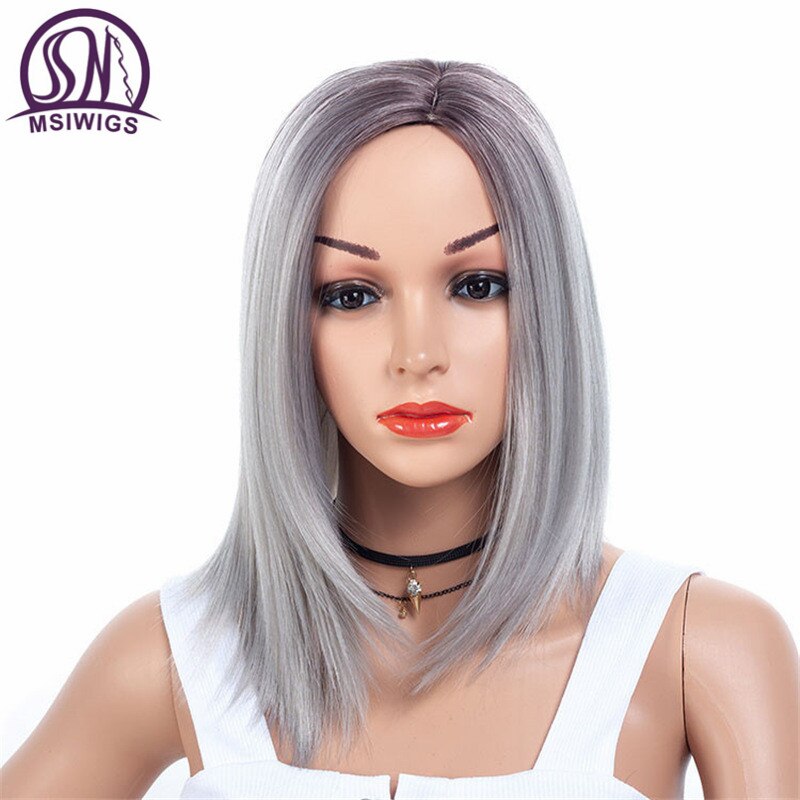 MSIWIGS Zwart Blonde Korte Rechte Pruiken Synthetische Vrouwen Pruik Grey Light Wortel Natuurlijke Ombre Haar Pruik Hittebestendige